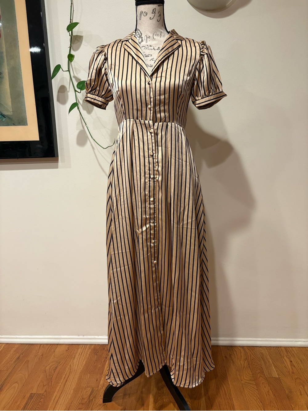 Striped Taupe Button-Front Maxi Dress